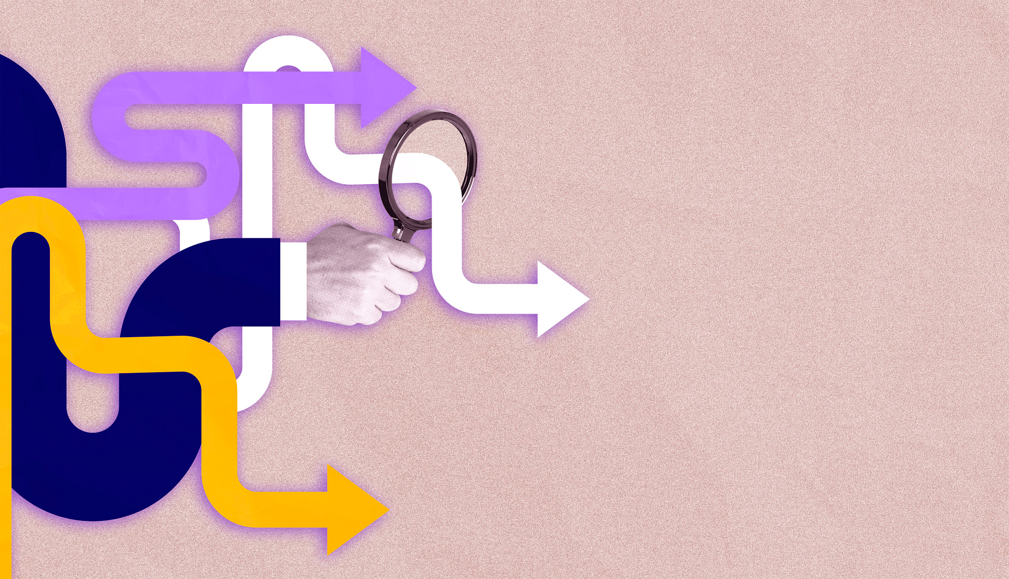 Collage showing a hand with magnifying glass inspecting colorful arrows in abstract graphic style