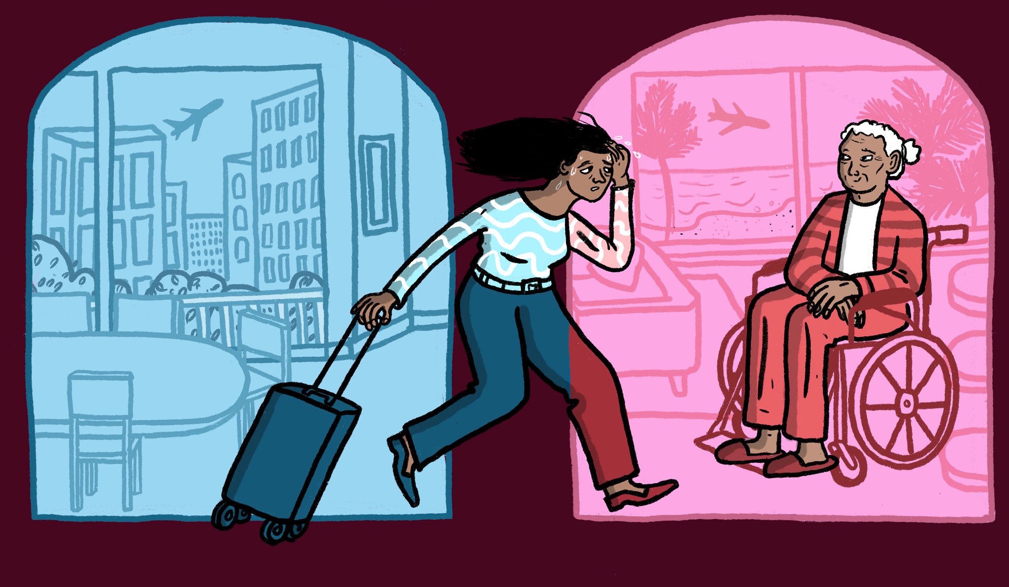 Ilustración de una mujer cansada con una maleta entre dos fondos uno con un aeropuerto y otro con una madre mayor en una sala.
