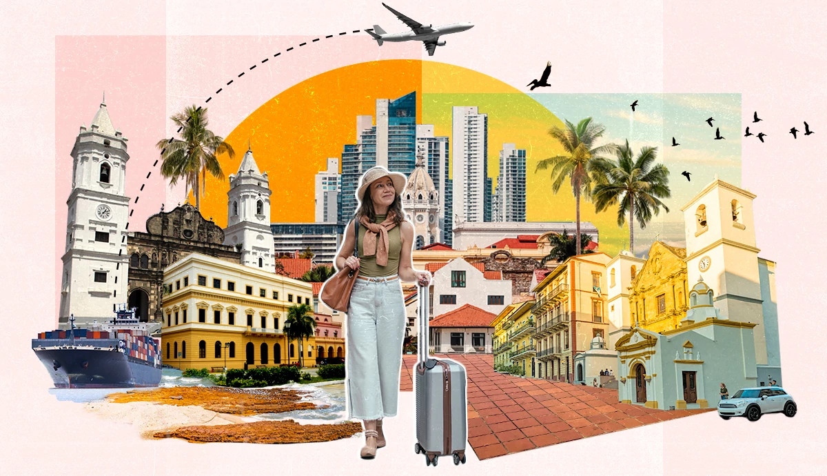 A solo traveler with rolling luggage walks through a colorful collage of historic architecture, modern city buildings, palm trees, an airplane in flight, and a cargo ship near the shore