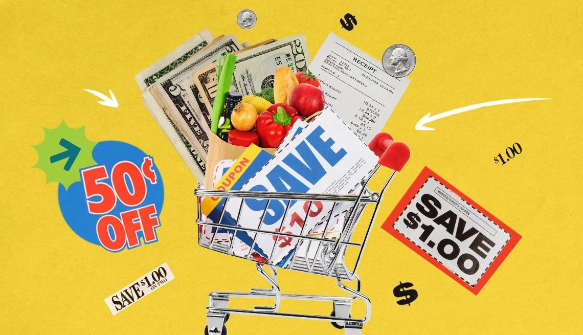 Save on Food Shopping food, money, receipts and sales signs pointing to a shopping cart on a yellow background