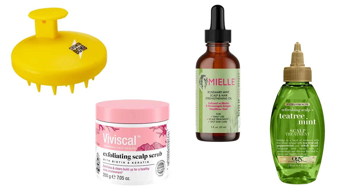 Growth Bomb Silicone Scalp Brush; Viviscal Exfoliating Scalp Scrub with Biotin & Keratin; Mielle Rosemary Mint Scalp & Hair Strengthening Oil; OGX Extra Strength Refreshing Scalp + Teatree Mint Scalp Treatment