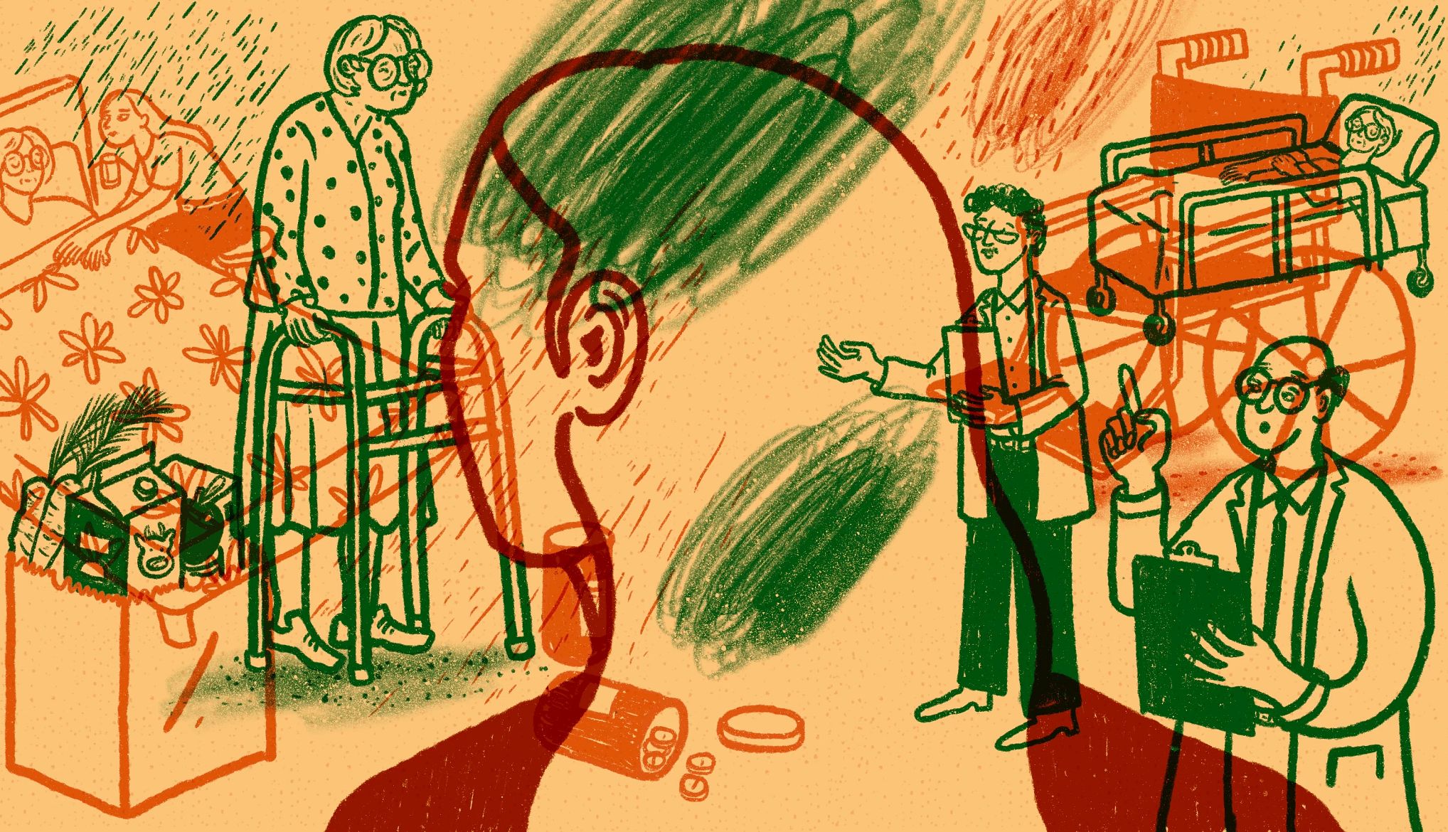 A caregiver struggles to support her ill mother while balancing the need for help and self-care red outline of a person with various caregiving responsibilities surrounding them