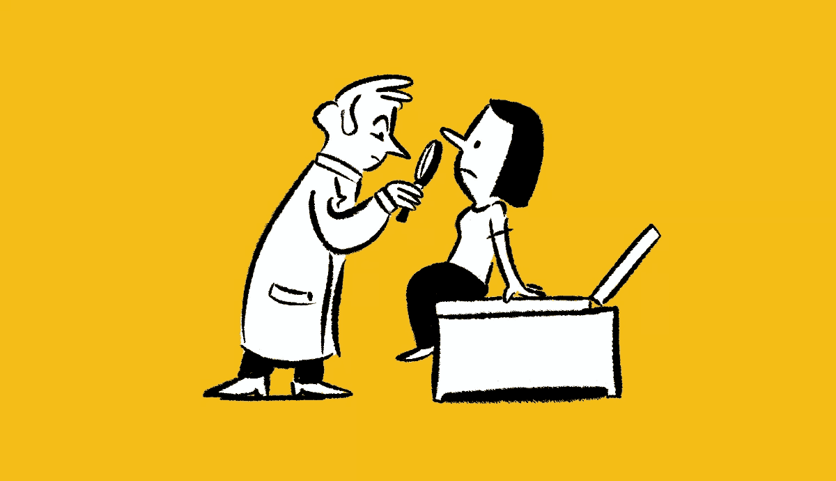 Illustration of a doctor examining a patient's throat with a handheld mirror as the patient sits on an exam table.