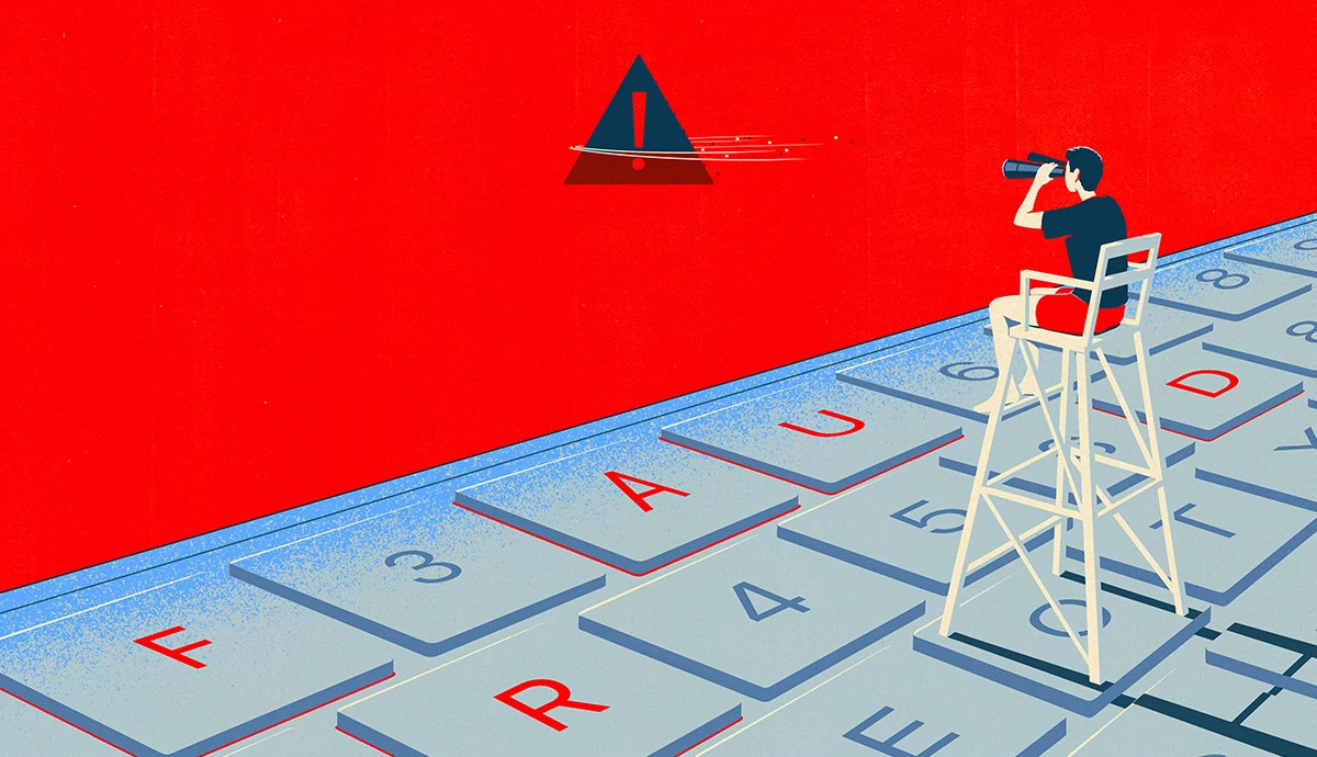 a lifeguard uses binoculars to look into the distance, symbolizing how difficult it can be to spot fraud. a keyboard spelling fraud replaces the beach.