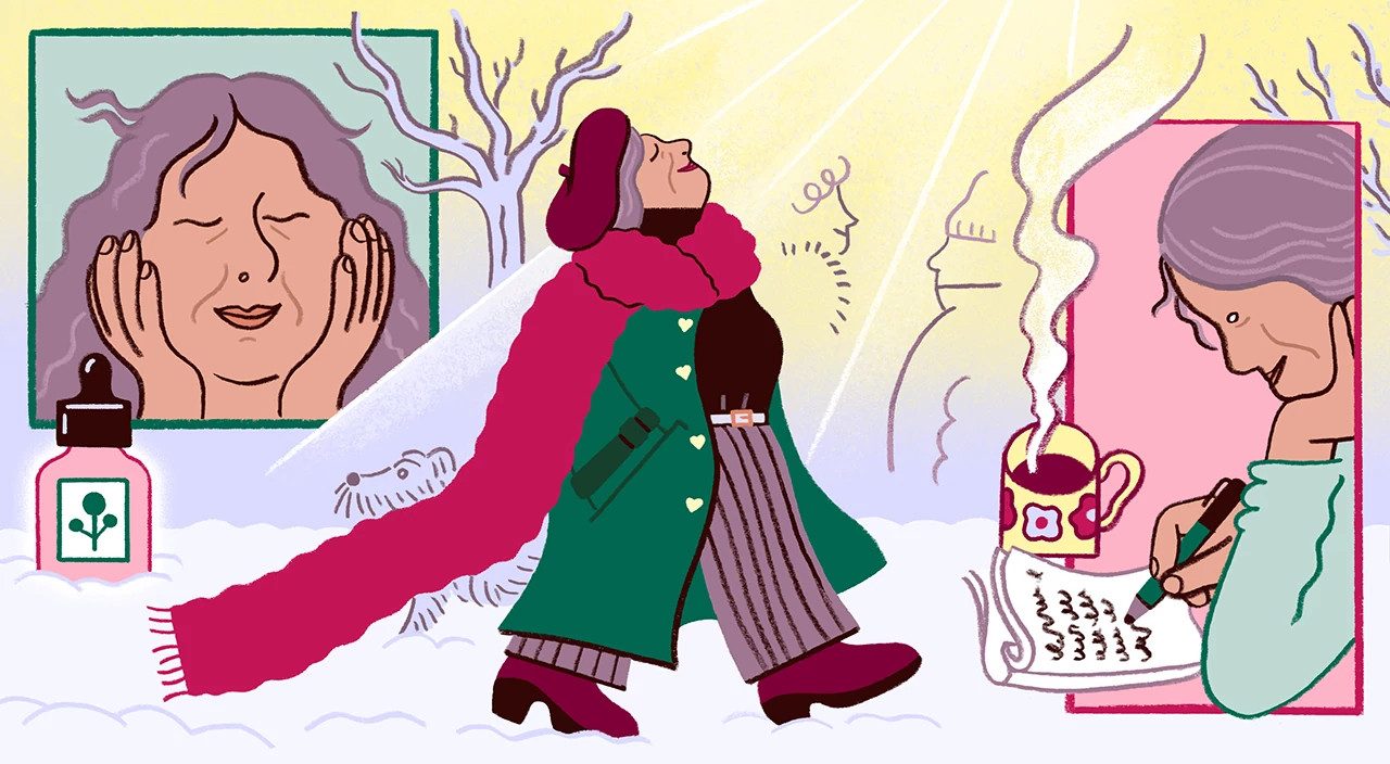 illustration of woman walking through winter scene