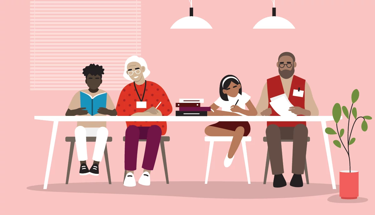 Graphic of adults helping children with classwork