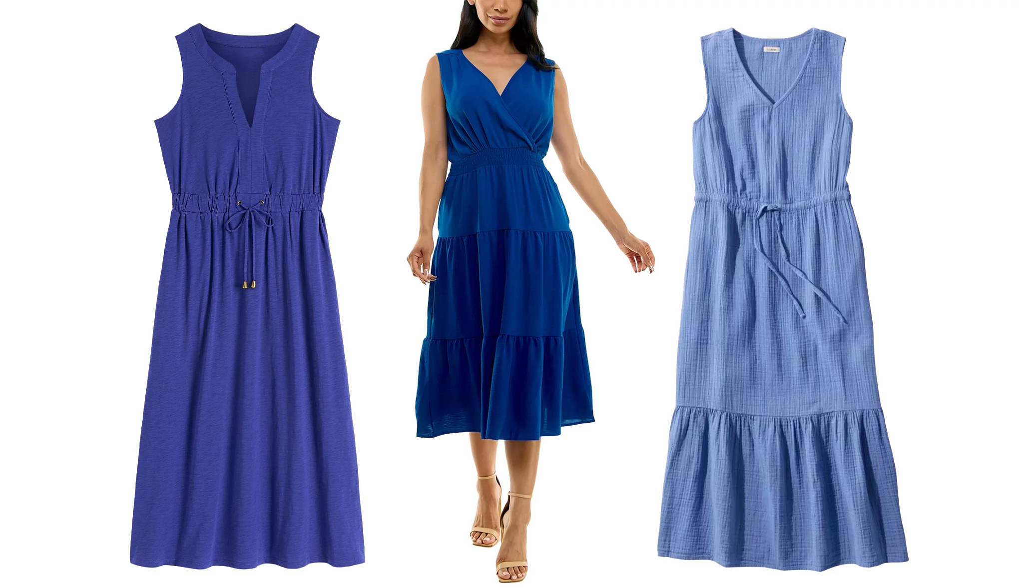 two different styles of blue midi dresses and a model wearing a third blue midi dress