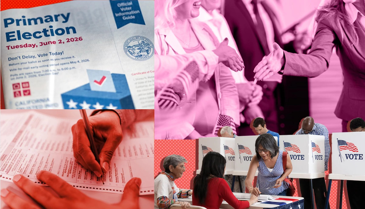 A collage of people voting.