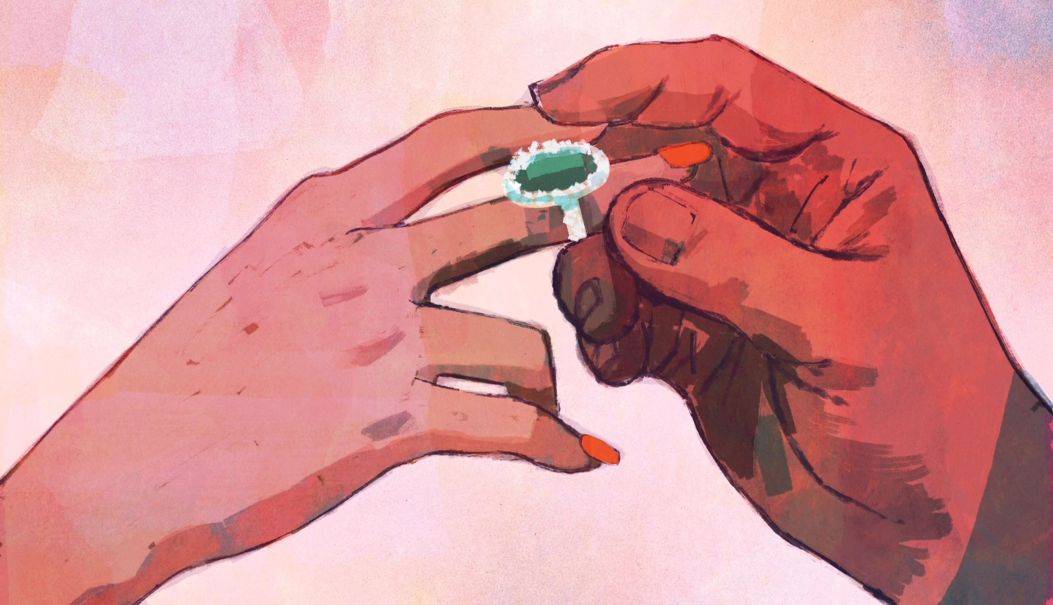 ‘The Christmas Mystery’ Chapters 35-37 An illustrations of a man putting an emerald ring on a woman's finger