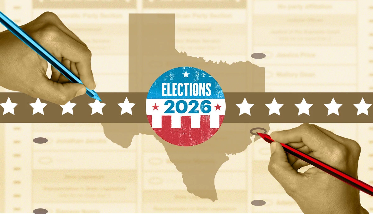 outline of texas with hands holding a red and blue pencil