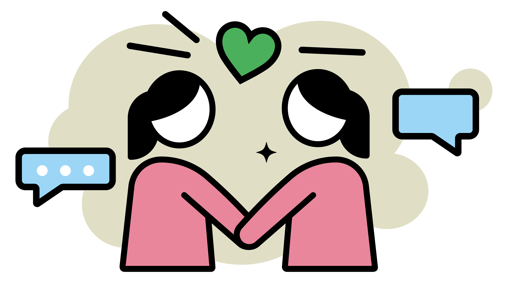 Icon showing two pink figures holding hands with a green heart above and blue speech bubbles on a beige background.