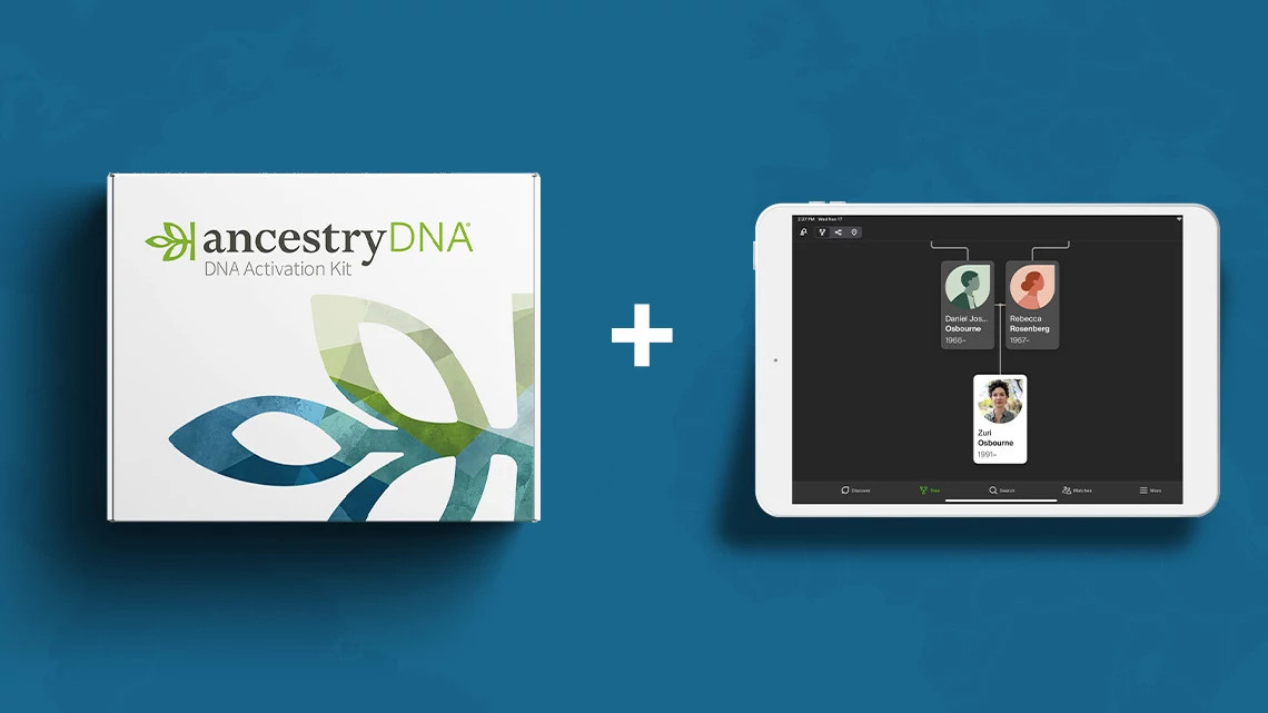 Photo of AncestryDNA Activation Kit and the app on a tablet