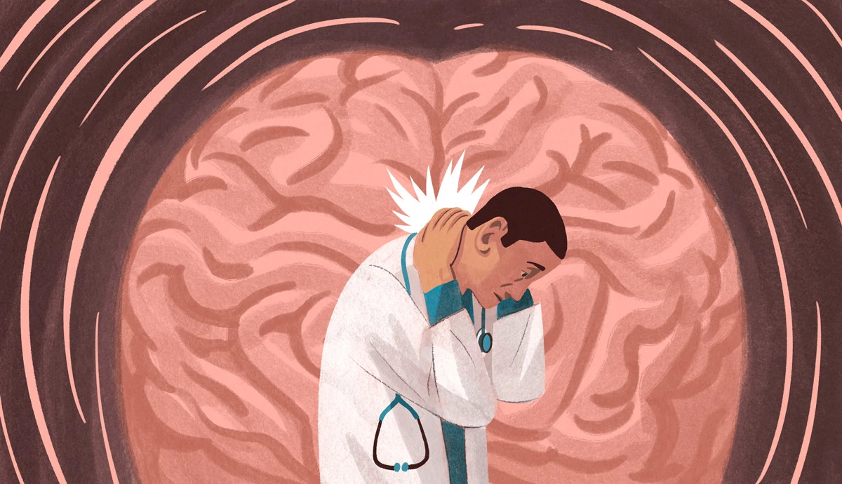 illustration of a doctor in a white coat and stethoscope, clutching the back of his neck in pain. A white starburst effect highlights the point of pain on his neck, set against a large, stylized background of a human brain with circular ripple patterns radiating outward