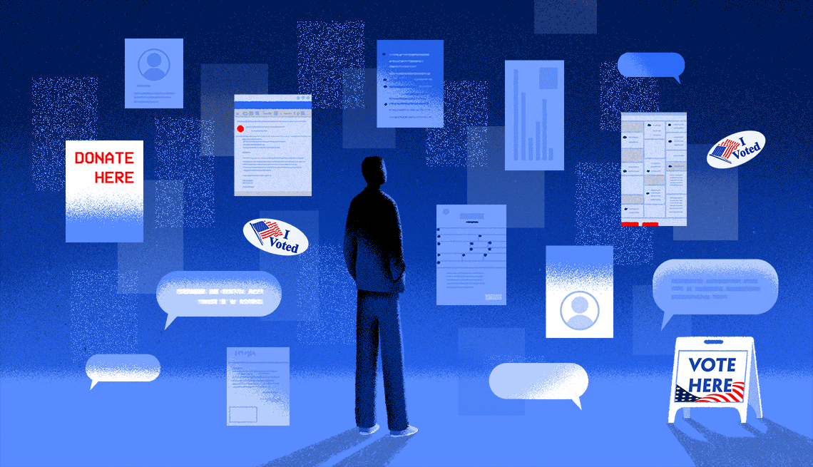 a person stands in front of a blue background, surrounded by types of election scams