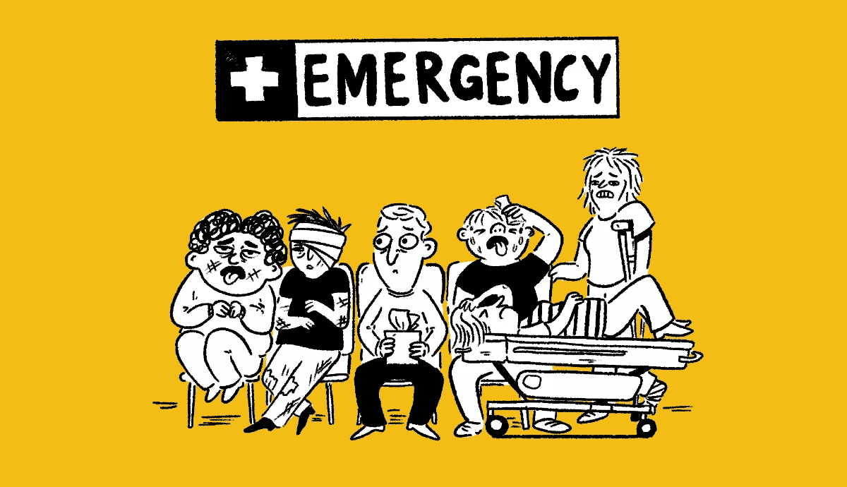 group of distressed and injured people sit and stand in a crowded waiting area beneath a large sign that reads "EMERGENCY"