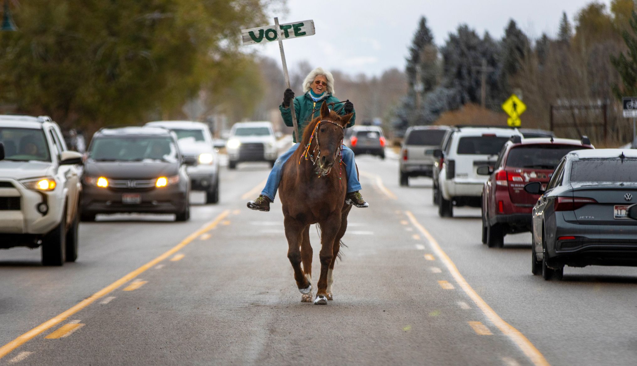 Older voters in 2024 election a woman holds a vote sign while riding a horse down a roadway