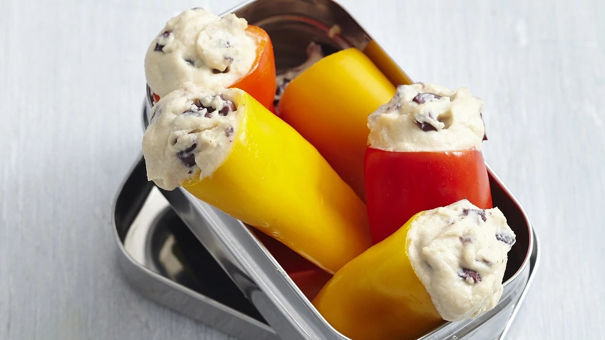A close-up view of hummus-stuffed mini bells