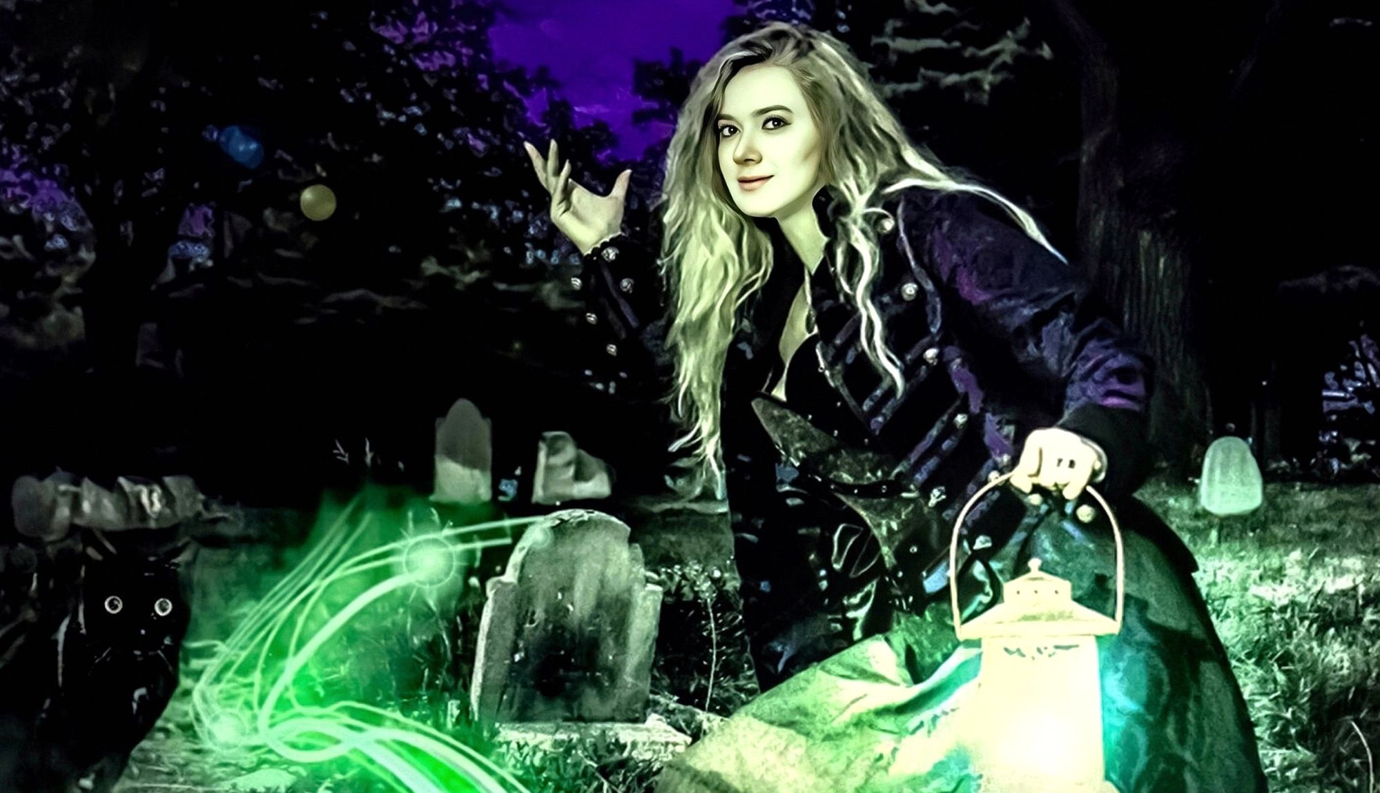 Salem Black Cat Tours in Massachusetts a woman at a gravesite at night in Massachusetts