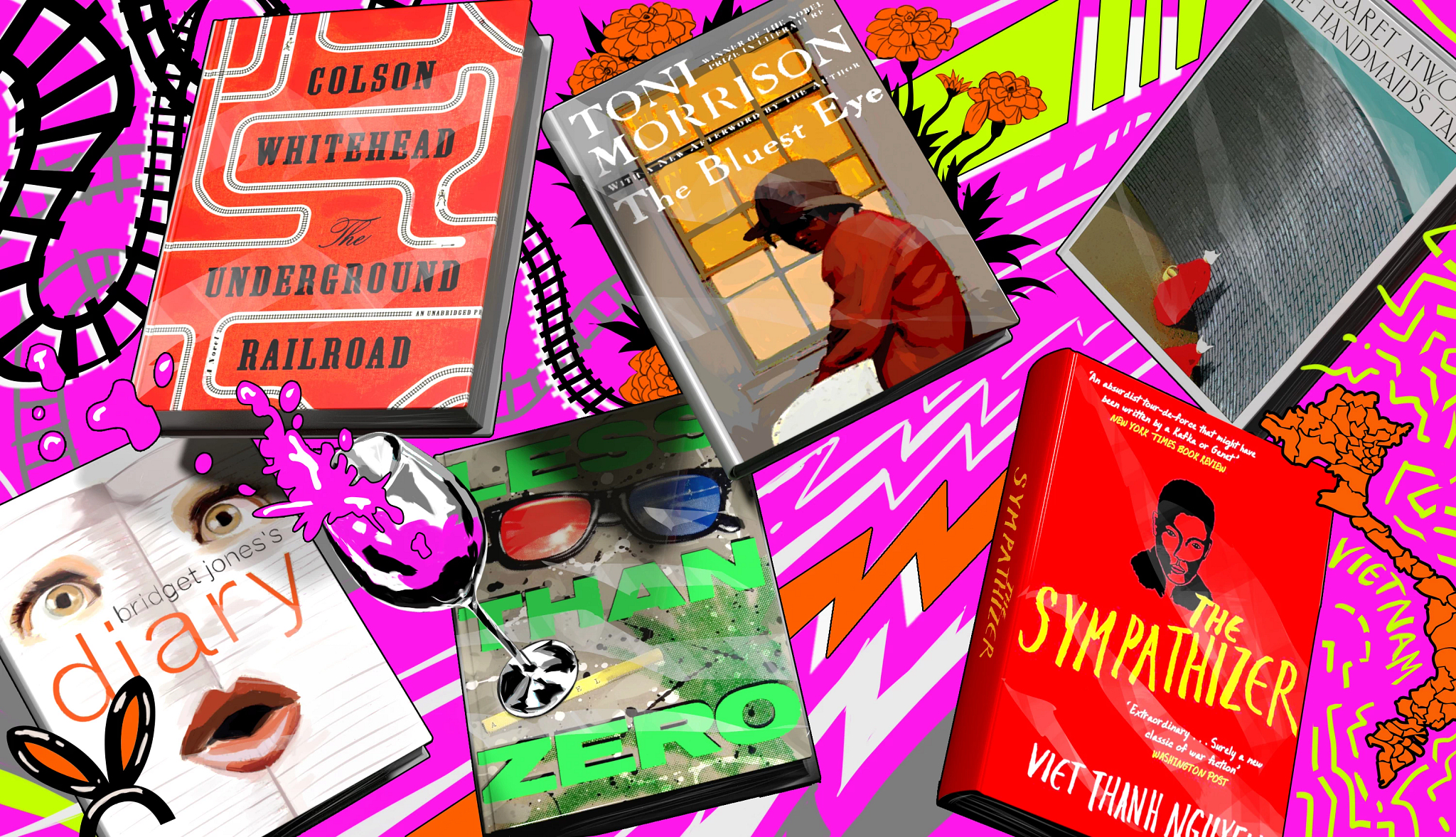various books grouped together with graphics that illustrate what the books are about