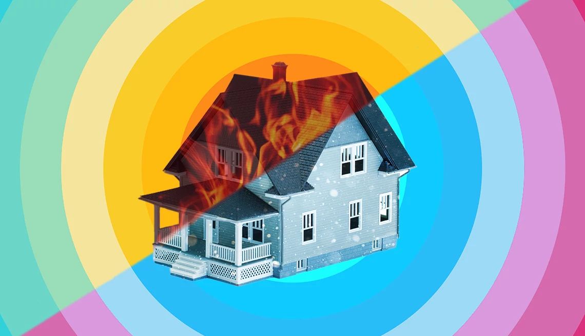 Cómo elegir un generador eléctrico para apagones Ilustración de una casa azul con burbujas de condensación y fuego