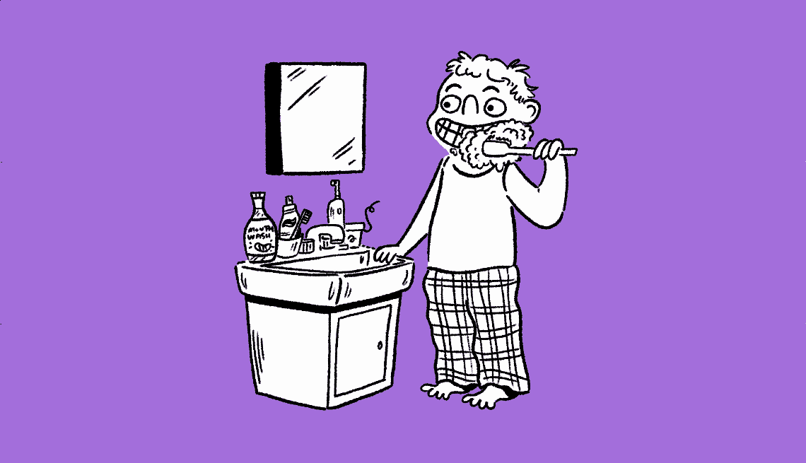 black-and-white line drawing on a purple background showing an older adult in pajamas brushing their teeth in front of a bathroom sink.