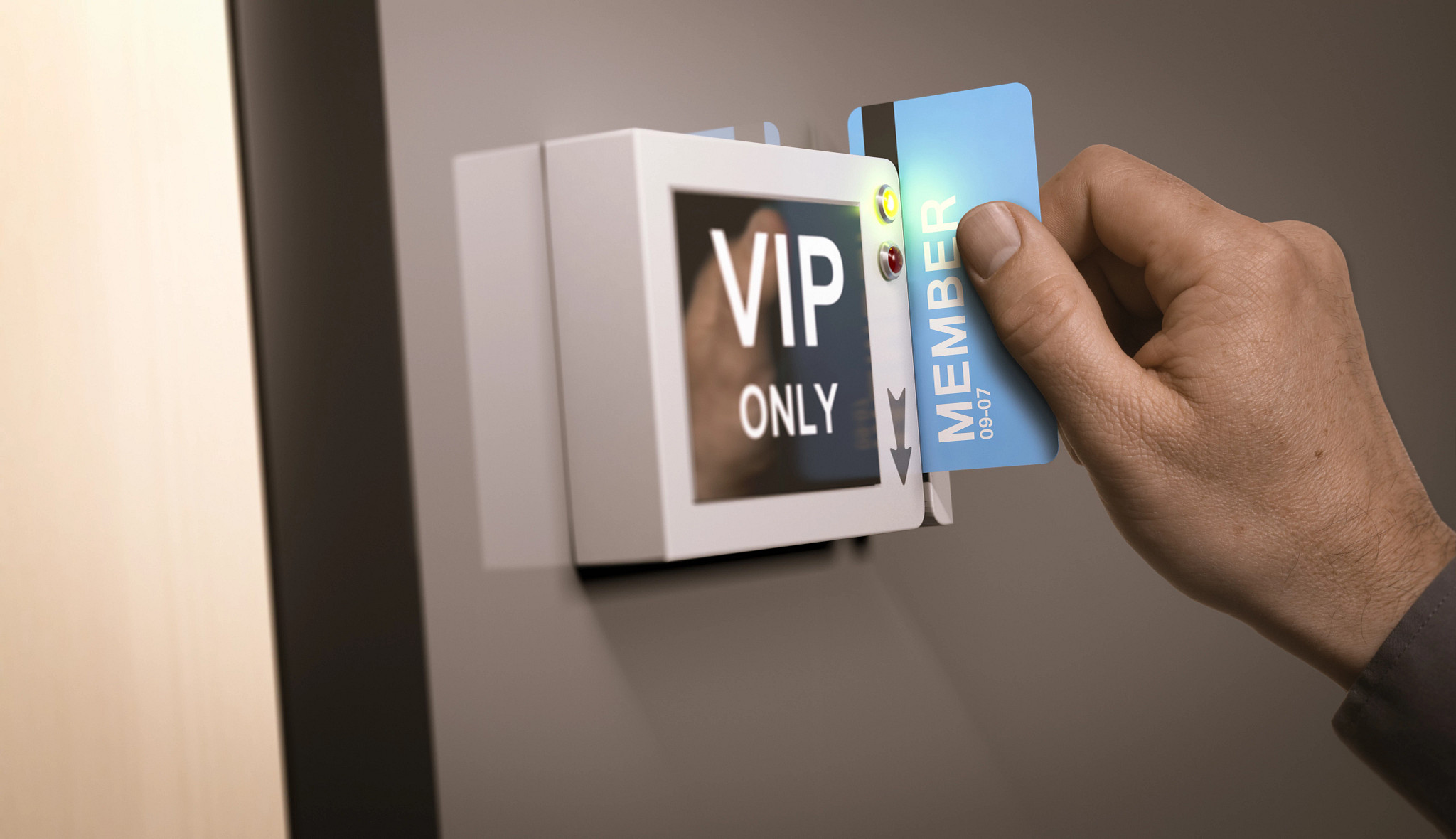 A hand with a blue pass card unlocking access to a VIP room