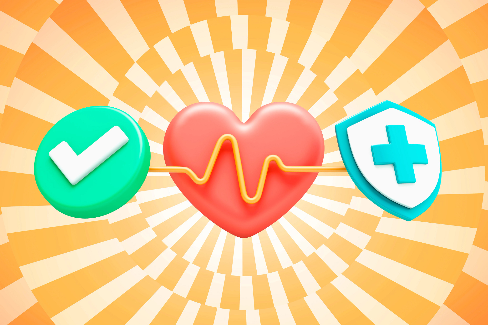 Illustration of a heart with a heartbeat line between a green checkmark and a blue medical shield on an orange background.