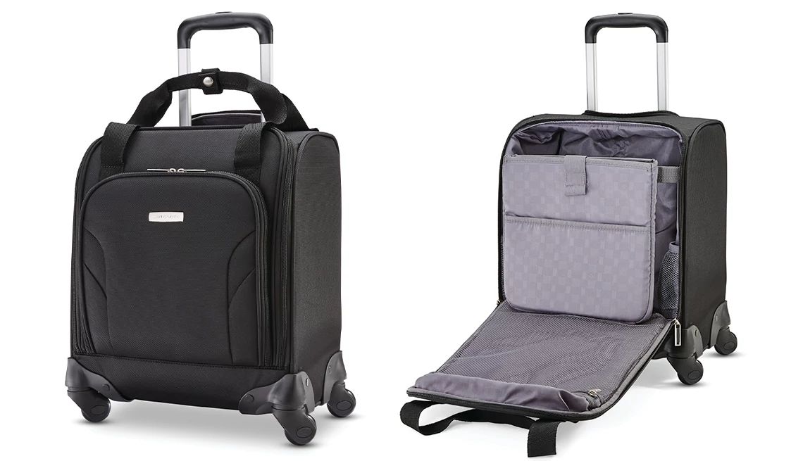 Large Personal Item Airplane a split image of the exterior and interior of a suitcase
