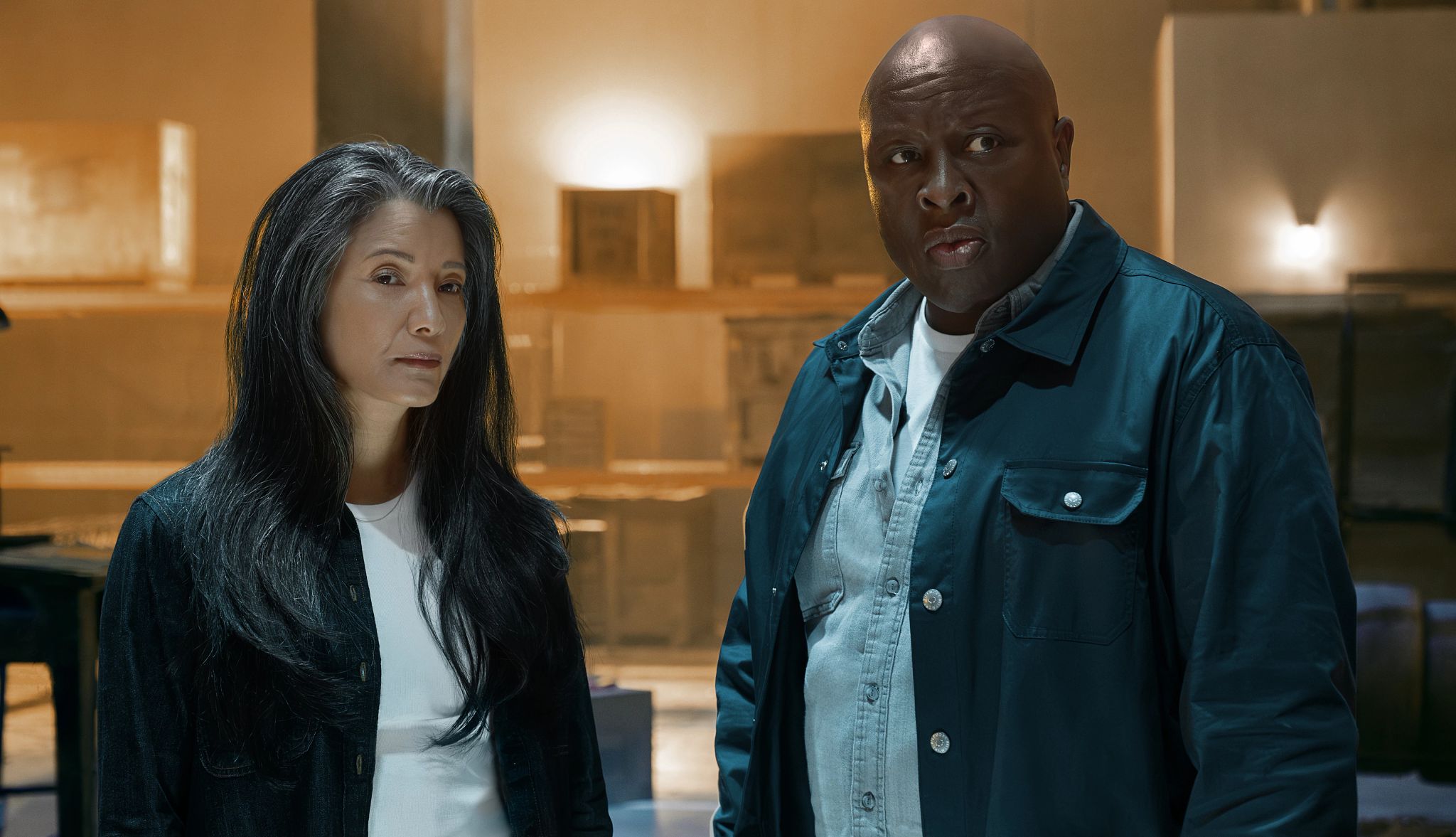 Kelly Hu as Veronica Jin in 'BMF' Kelly Hu as Veronica Jin and Steve Harris as Von Bryant in a still from B M F