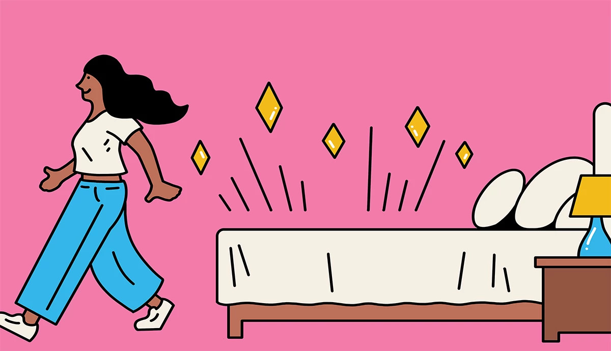 A woman walks contentedly away from a freshly made bed with sparkles rising from the bedspread