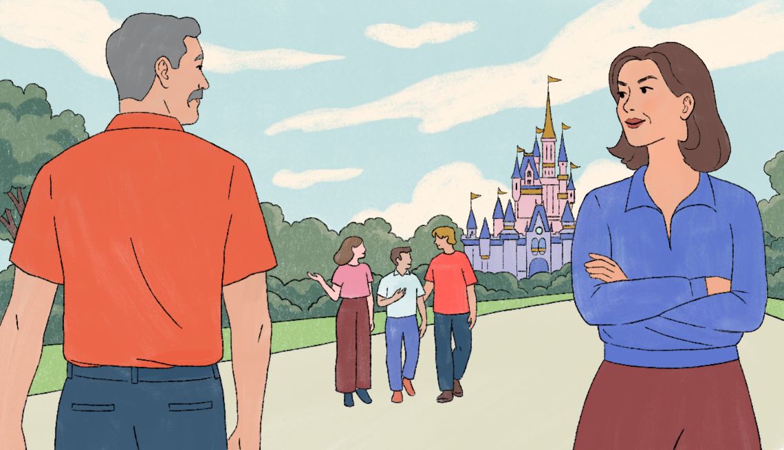 My Ex Saved Family Vacation two parents in the foreground of the image. behind them are three children and a pink and purple castle