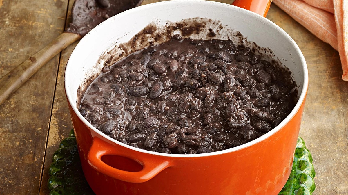 A close-up view of Mexican black beans in a bowl