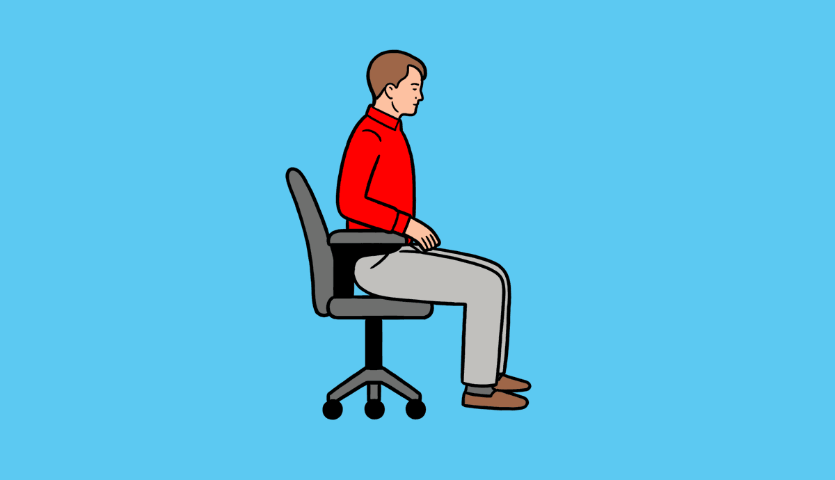 A man sits in a desk chair, leaning forward while pulling his legs back. Then he leans back while kicking his legs out.