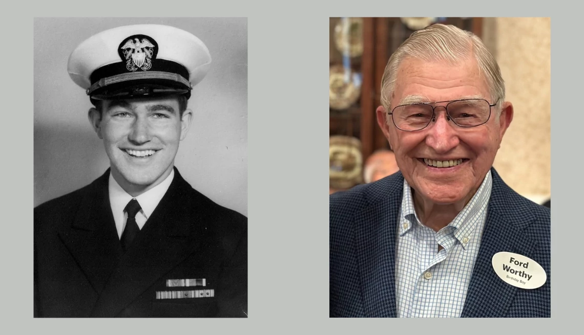 two photos of ford worthy junior are shown, an older photo on the left and a newer image on the right