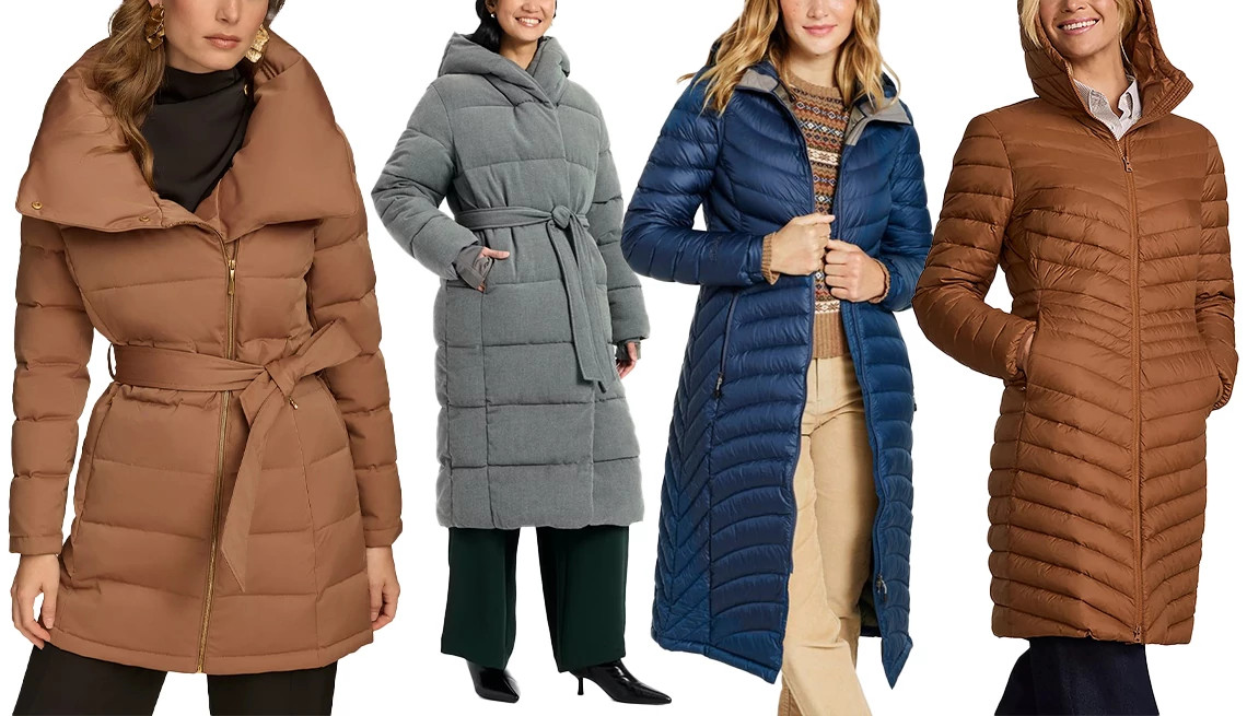 a collage with different styles of puffer coats