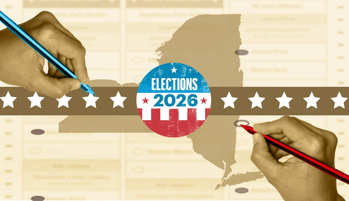 election pin on the state of new york with a red a blue pencil
