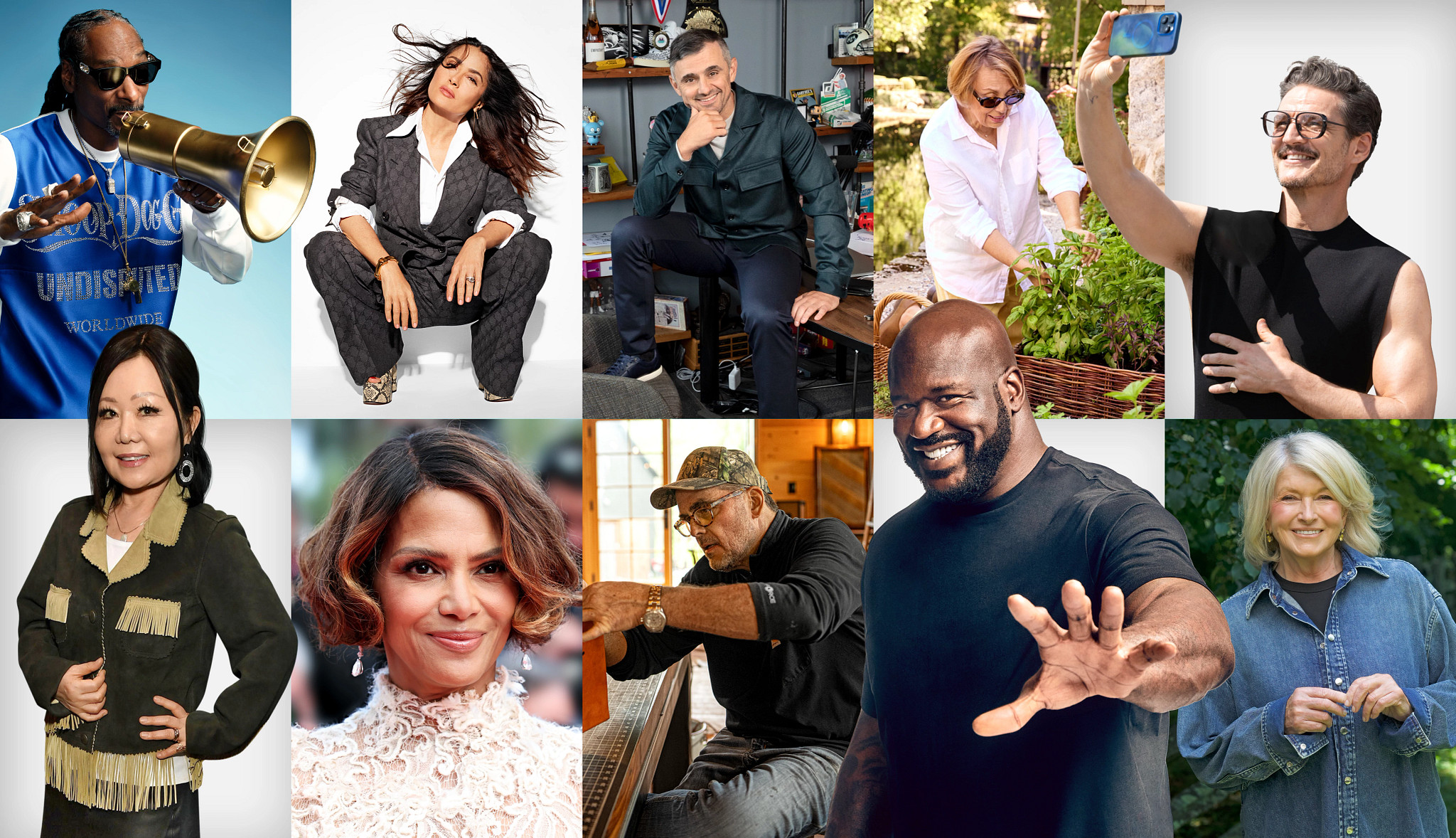 A photo collage combines images of Snoop Dogg, Salma Hayek, Gary Vaynerchuk, Barbara Costello, Pedro Pascal, Maangchi, Halle Berry, Jimmy DiResta, Shaq and Martha Stewart.