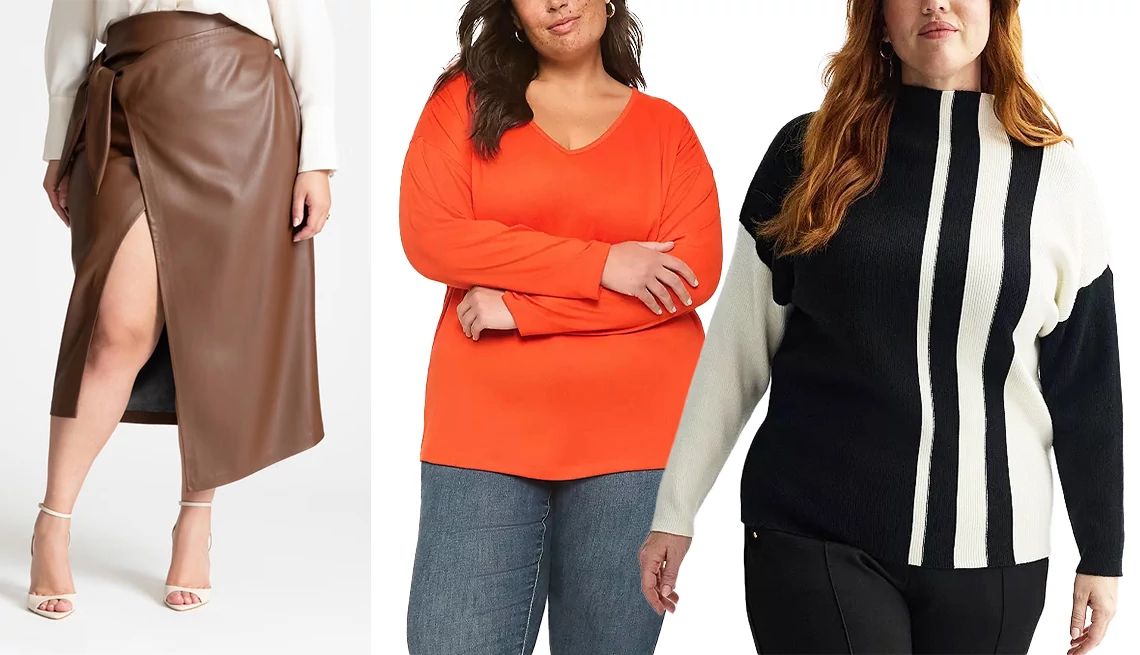 Curvy Style Essentials a collage with plus size models wearing two different tops and a brown wrap skirt