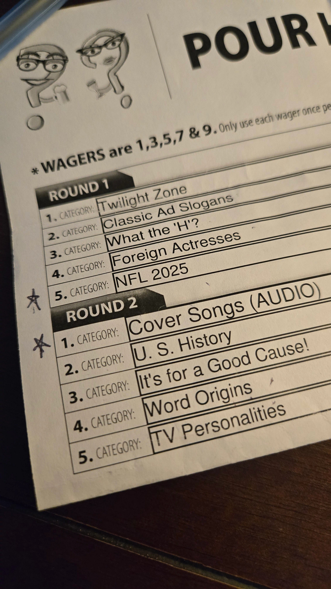 A photo shows a trivia night answer sheet, with categories ranging from sports to history