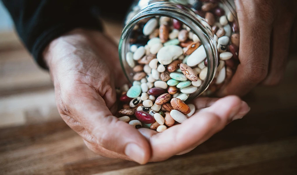 A close-up view of a variety of beans in a jar being poured into a hand