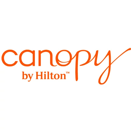 Orange and cursive Canopy Hotel by Hilton Logo on white background