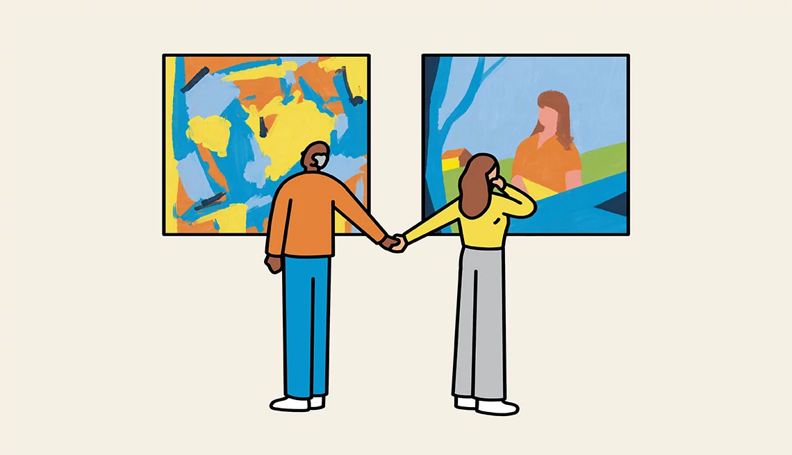an illustration of people looking at artwork in a museum