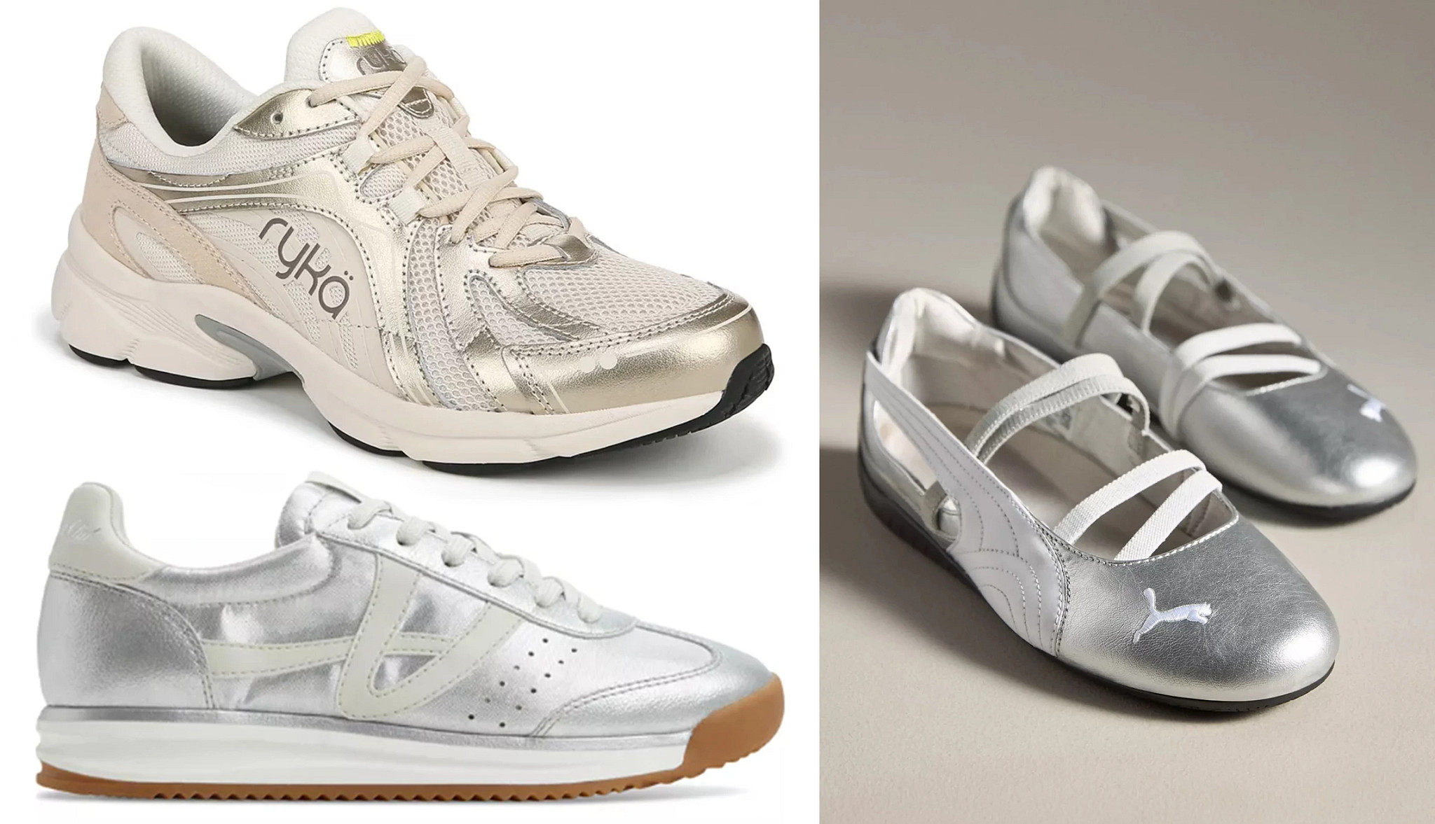 a collage with two different styles of sneakers and one pair of ballet flats in metallic tones