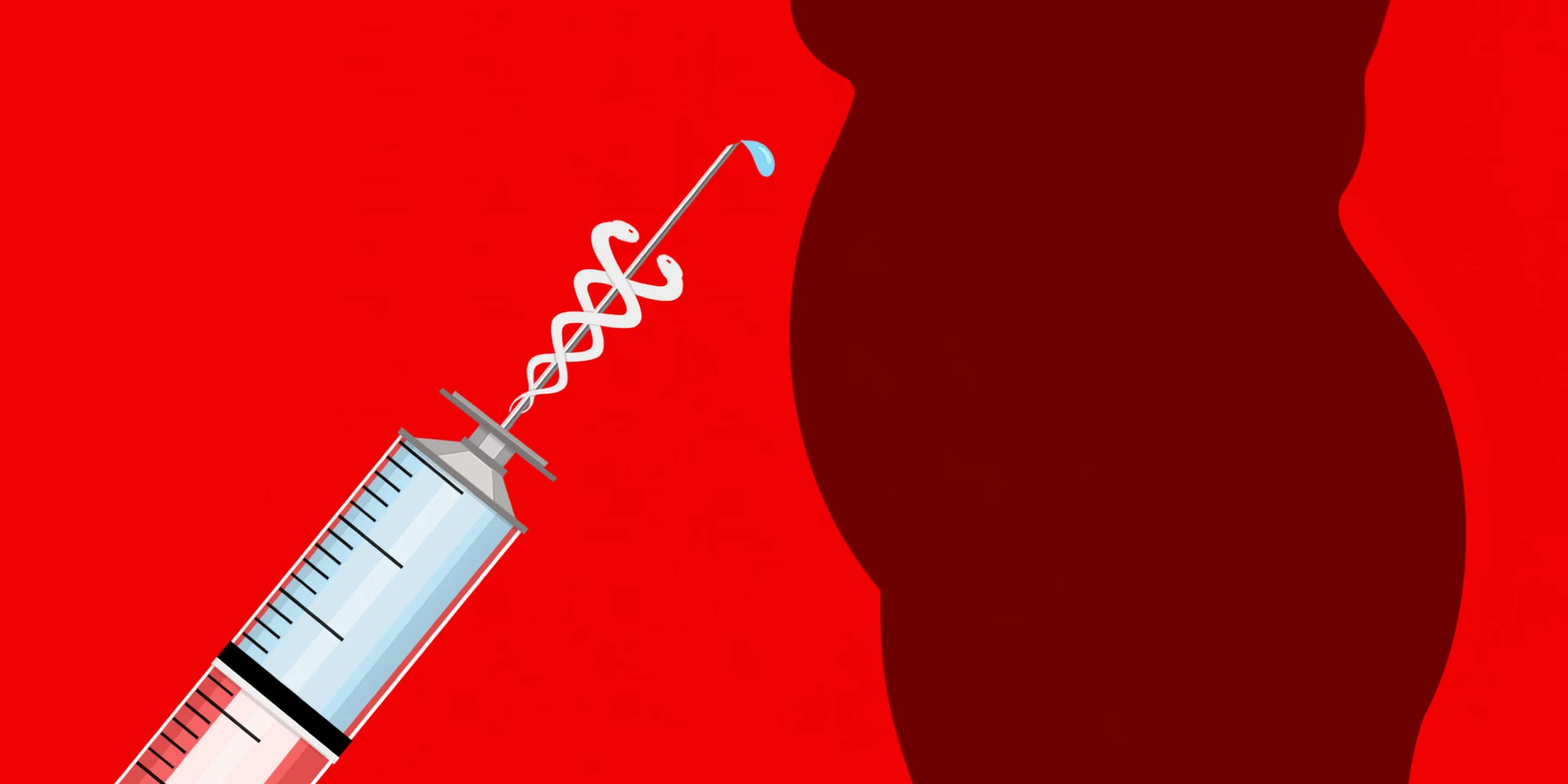 syringe of weight loss drugs with the silhouette of a body on red background