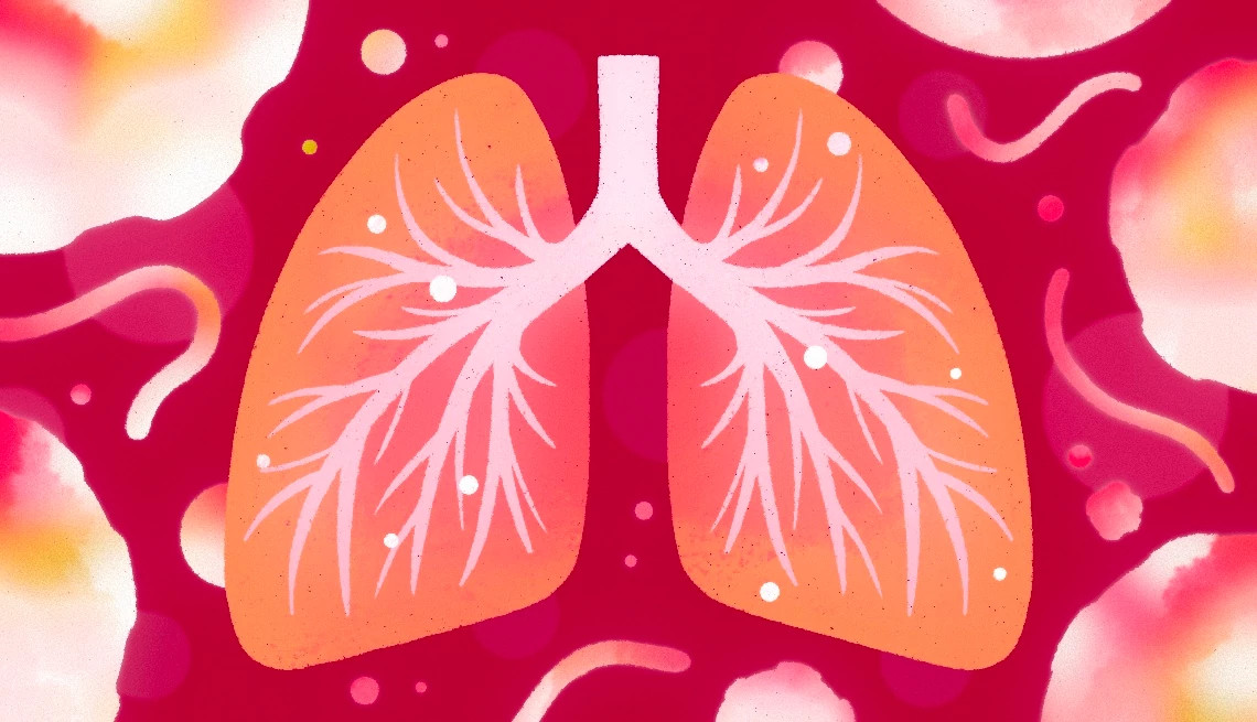 abstract medical illustration of human lungs and the bronchial tree set against a vibrant magenta background with soft, floating shapes representing allergens or irritants