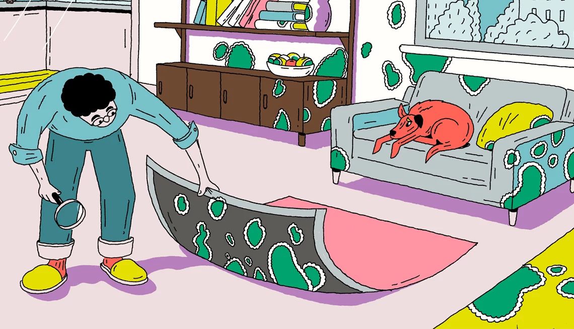a man in a room filled with hidden mold spots