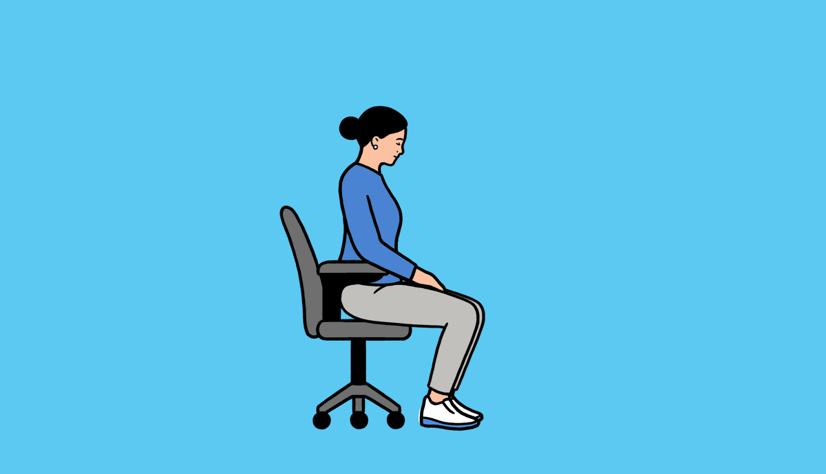 A woman goes from sitting in a desk chair to standing up.