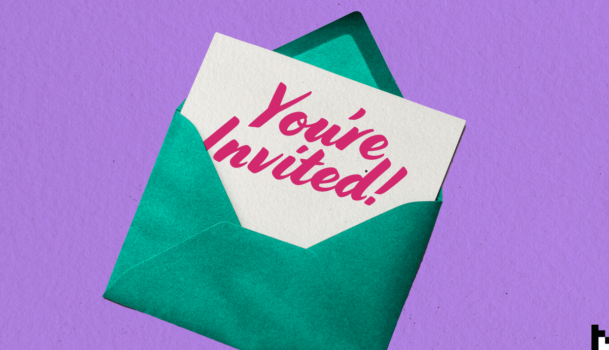 A computer mouse icon clicks on a physical party invitation. A pop up opens, asking the user to enter their email or password.
