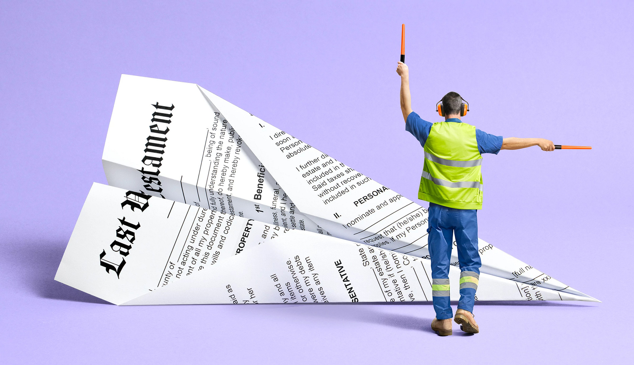 an air traffic controller motions to a paper airplane, made of a last will and testament
