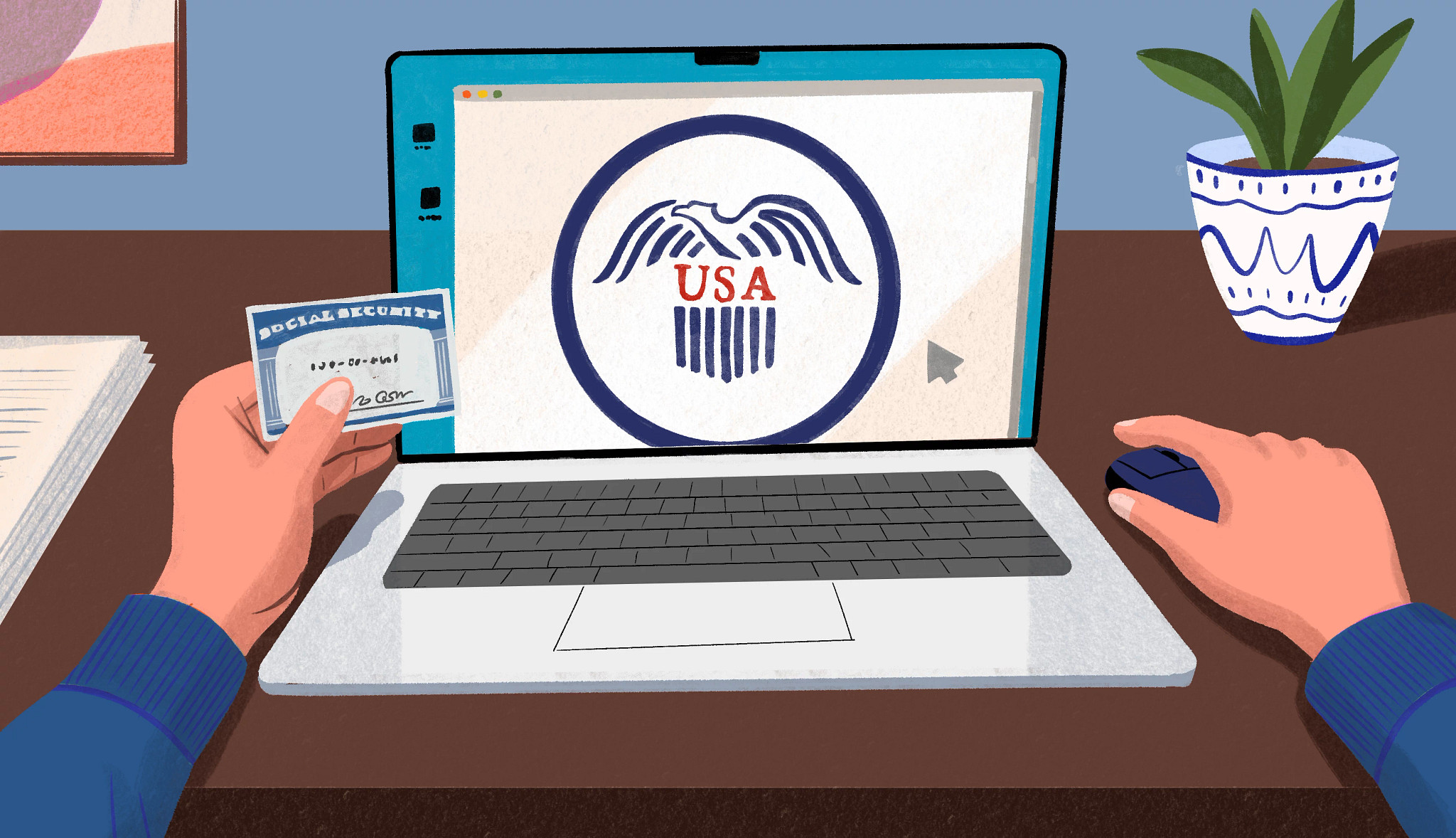 an illustration of a person holding a social security card at a computer